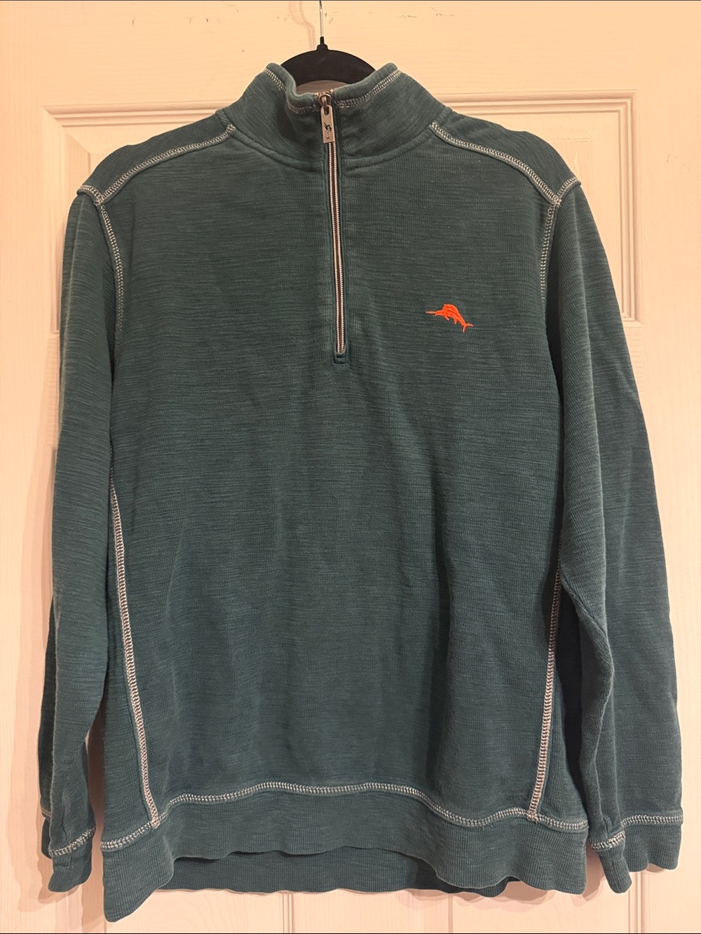 Tommy Bahama Hunter Green Quarter-Zip Pullover Sweater with Orange Logo